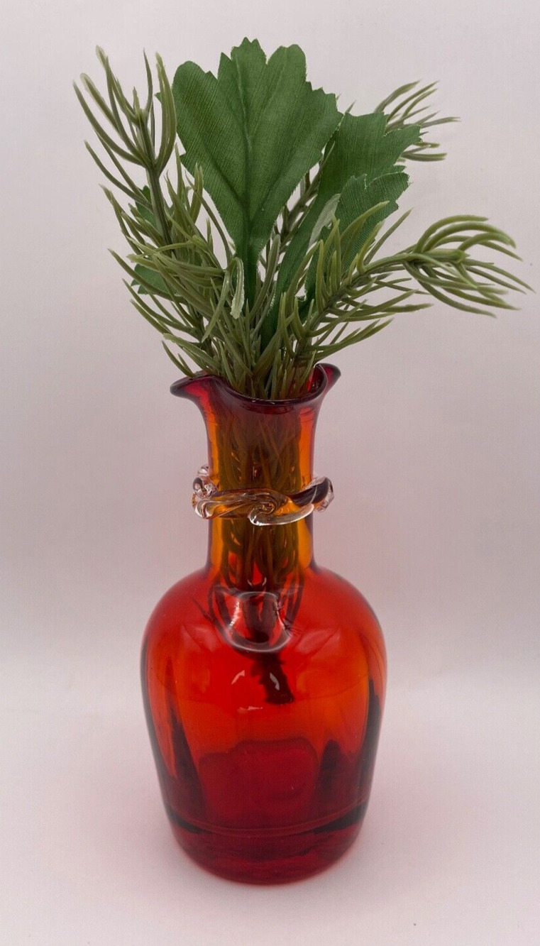 Vtg Kanawha Glass 1974 Ruby Red Applied Clear Rigaree Ruffle 5" Vase MCM USED